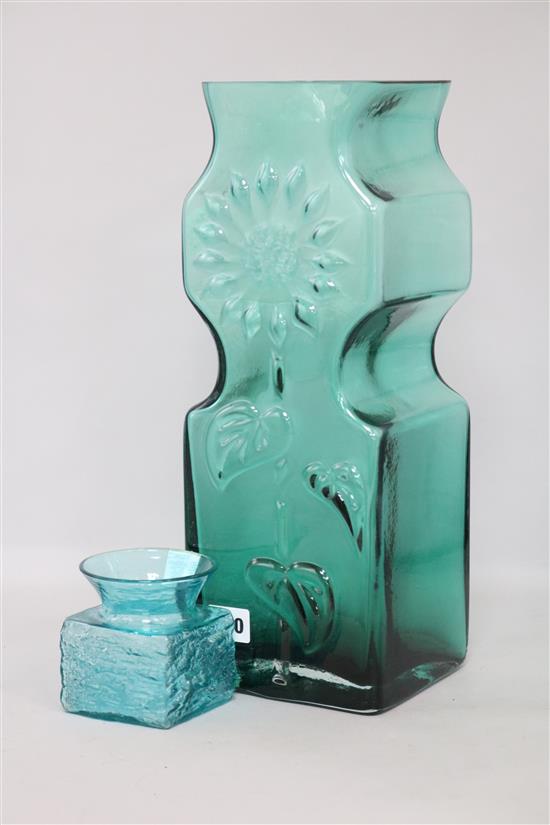 Frank Thrower. A green glass Sunflower vase FT35 and a similar pattern vase